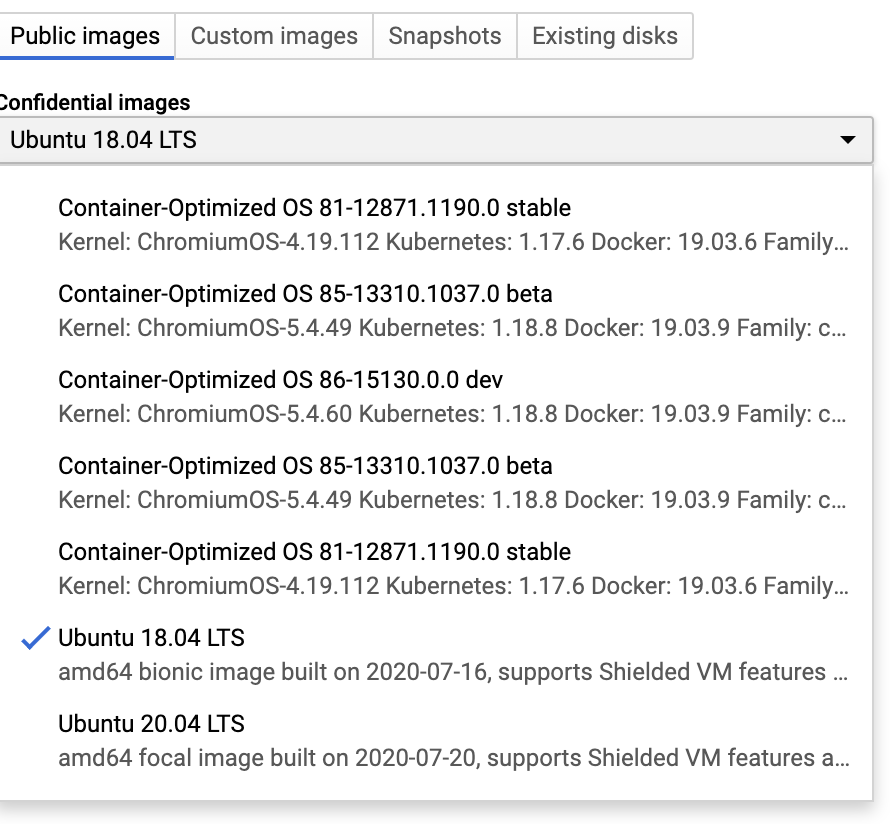 List of images available for launch as in GCP as confidential VMs
